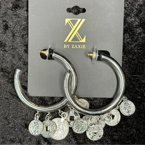 Zaxie Silver Coin Charm Hoop Earrings